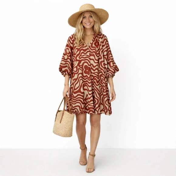 Magaschoni size Large 100% Linen Dress Puffy Sleeves Pockets Lined Rust Tan - Picture 2 of 8